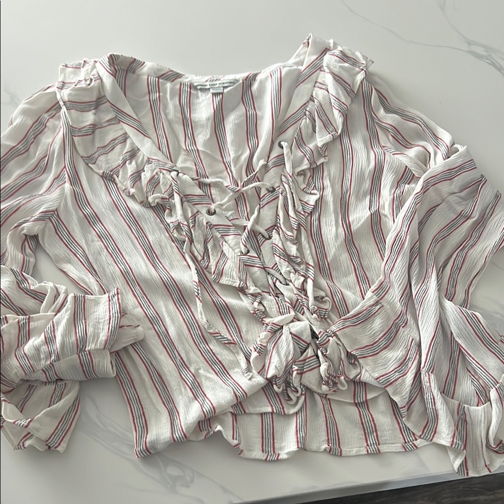 American Eagle Outfitters Tan and White Ruffled Sailor Collar Blouse
